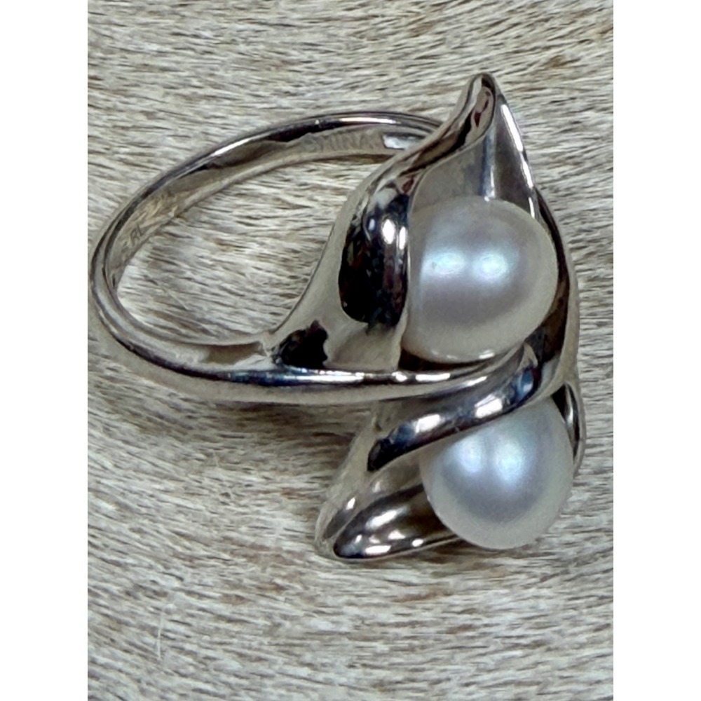 Vintage Sterling Silver 925 Double Pearl Calla Lily Bypass Ring RL 6 3/4